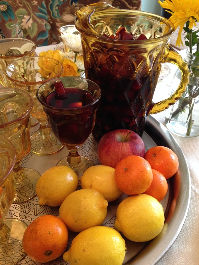 Serve with pretty glasses!  You can serve extra Peach Brandy on the side for those who prefer to punch it up a bit:) ....Gingerale or lemon lime seltzer for the guests who prefer to take it down a notch! Make it a Happy Thanksgiving!